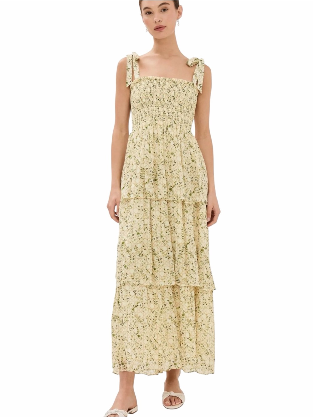 Hill House NWT The Elise Nap Dress in Basketweave Vine Butter Yellow Tiered Maxi
